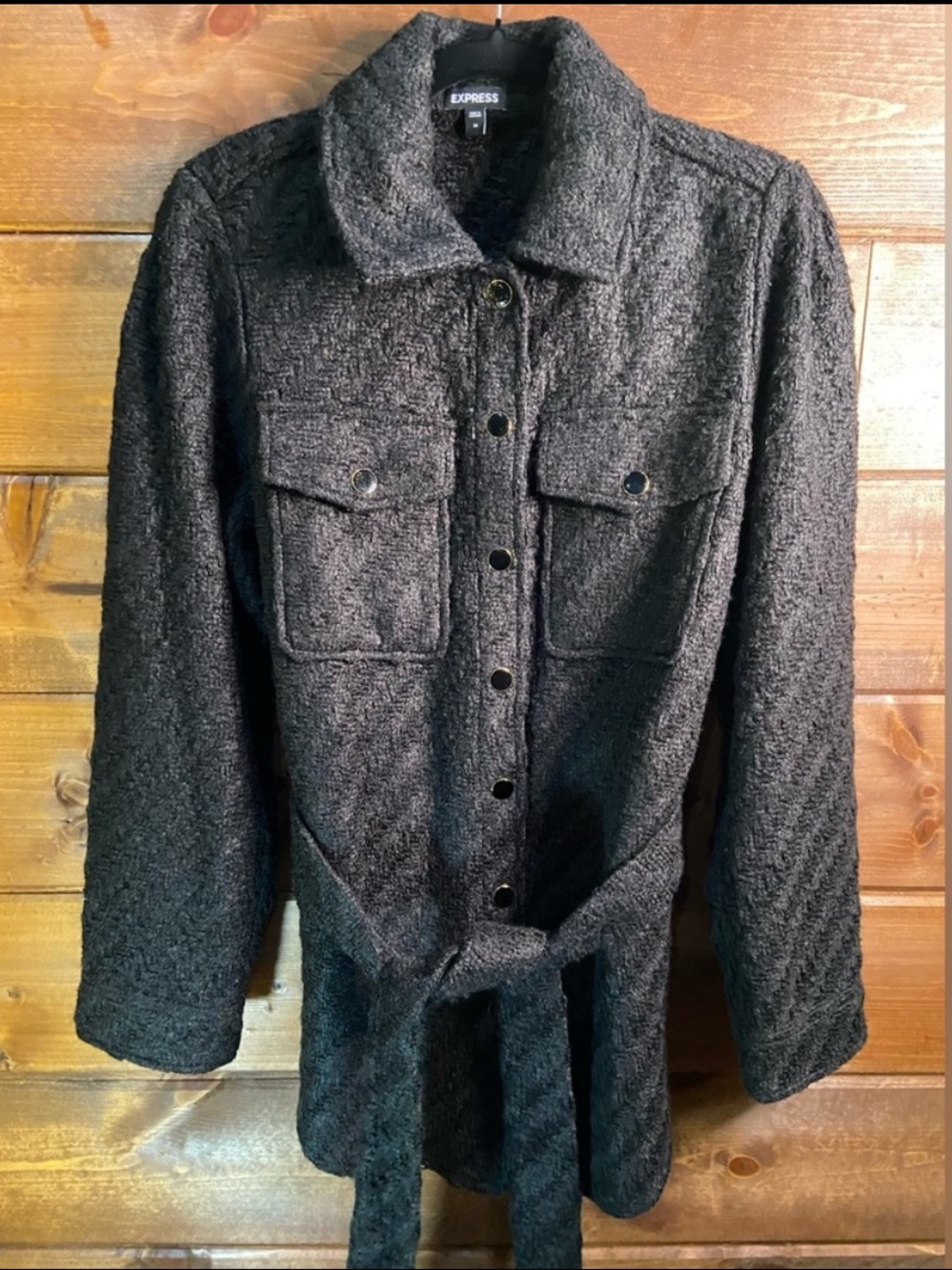 Express Black Bouclé Belted Jacket Textured Button Front Coat Size Medium 💕🖤